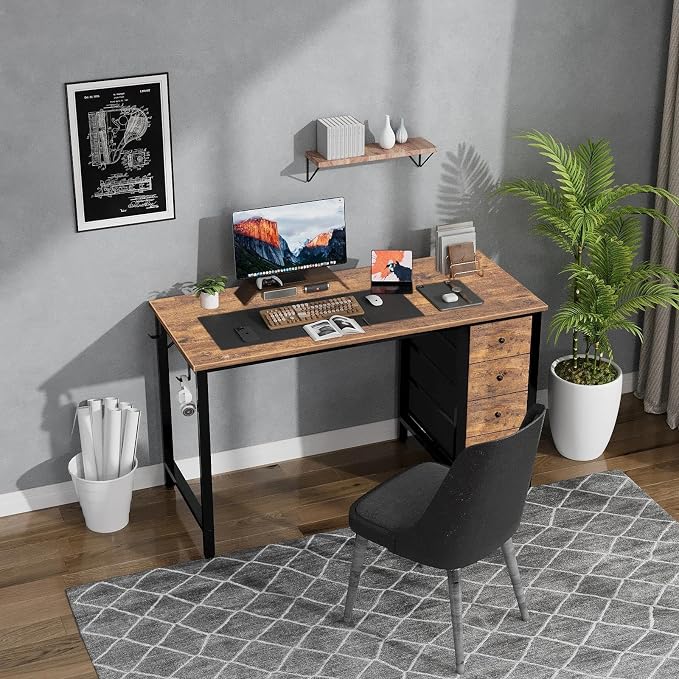 Lufeiya 47 inch Computer Desk with 4 Drawers, Reversible Writing Work Study Desk for Home Office Bedroom, Modern Simple Student PC Desks, Rustic Brown - Image 4