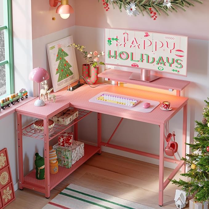 Bestier 42-Inch Pink L-Shaped Gaming Desk with Charging & LED | Charging 2AC+USB+Type-C, RGB LED 20 Colors/22 Modes, Reversible Shelves, Carbon Fiber Texture, Headset Hook, Small Space - Image 5