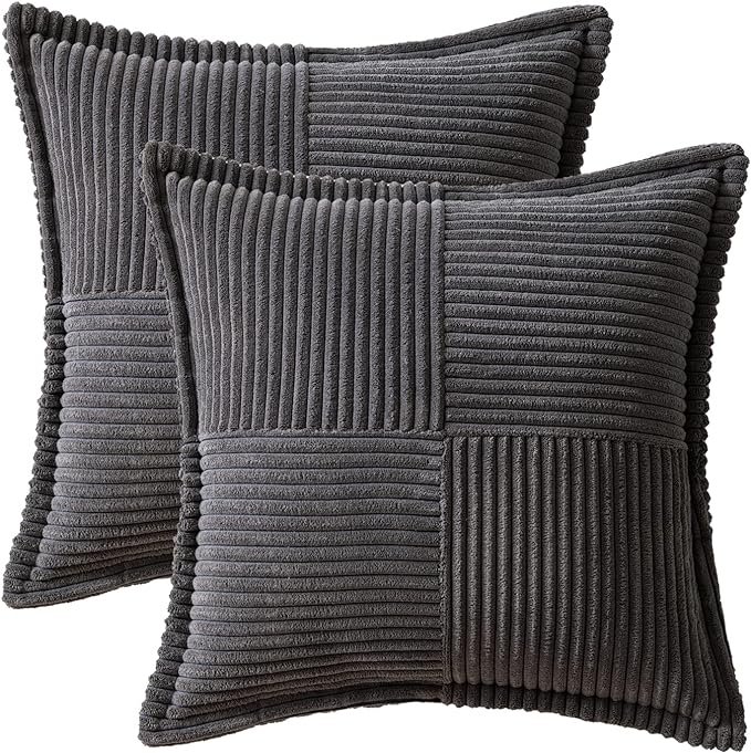 MIULEE Decorative Throw Pillow Covers for Couch Bed Livingroom 18x18 Inch Set of 2 Dark Grey Boho Accent Throw Pllows Broadside Striped Patchwork Soft Corduroy Pillowcases - Image 6