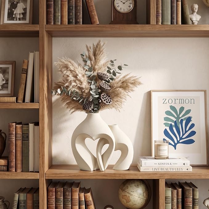White Ceramic Flower Vase Home Table Decor Heart Shaped Vase Set of 2 | Boho Heart Shaped Minimalist Decorative Vases for coffee Table Centerpiece Wedding Dining Living Room Office House Decoration - Image 5