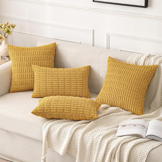 MIULEE Pack of 2 Corduroy Decorative Throw Pillow Covers 18x18 Inch Soft Boho Striped Pillow Covers Modern Farmhouse Home Decor for Summer Sofa Living Room Couch Bed Yellow - Image 4