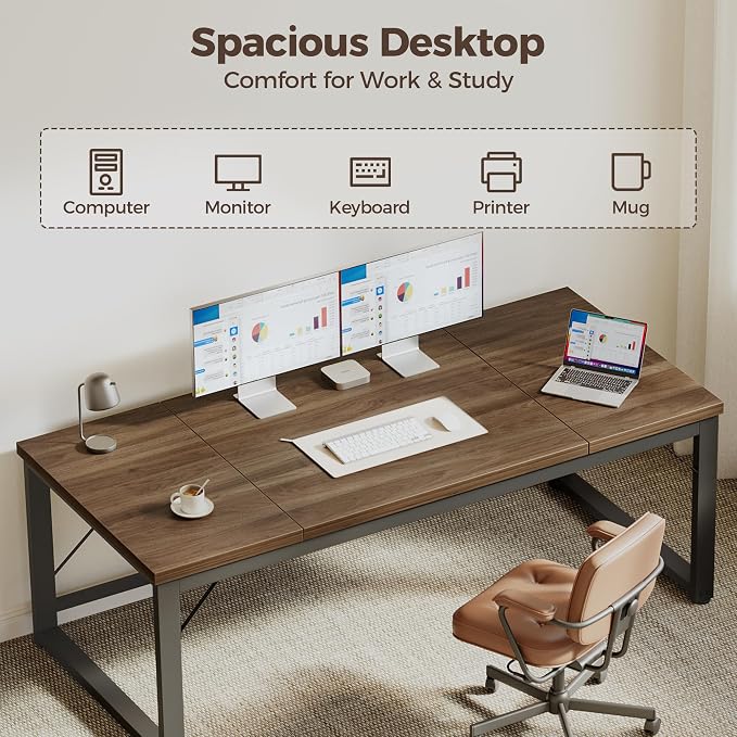 Mericonia 63 Inch Computer Desk, 1" Thick Large Office Table, Walnut | Modern Simple Style, Heavy Duty Industrial Frame, Large Study & Writing Table for Home Bedroom Work - Image 5