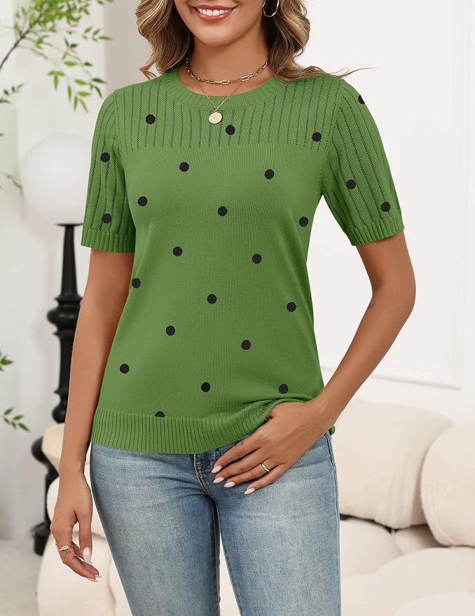Zeagoo Women's Short Sleeve Sweater Tops 2026 Spring Summer Crew Neck Hollow Out Blouses Dressy Business Casual Outfits - Image 2