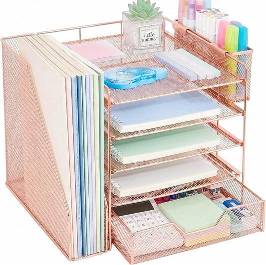 Desk Organizers and Accessories, 5-Tier Paper Letter Tray Organizer with File Holder, Drawer & Pen Holder, Office Desk Accessories, Desktop Organizer for Classroom Office Supplies, Rose Gold by Illuminatinglifewiththewarmthandloveoflight
