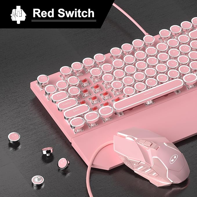 Retro Pink Typewriter-Style Keyboard and Mouse Combo, Cute Light Up Wired Mechanical Keyboard with Linear Red Switches, Full Size for Gaming, Work, Mac, PC, Windows - Image 2