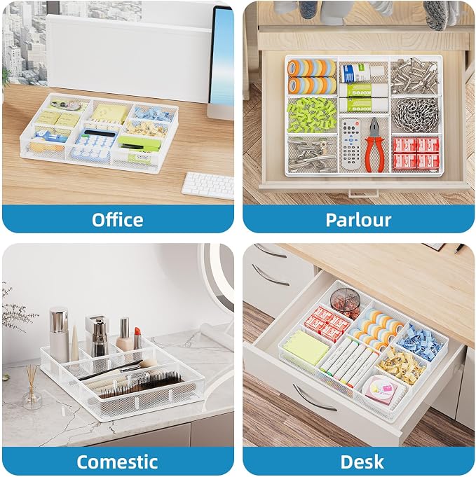 Marbrasse 2P Desk Drawer Organizer, Metal Mesh Drawer Organizer Tray with 5 Adjustable Compartments,Desk Organizers and Accessories for Home,Office,Kitchen,Makeup,Vanity (White) - Image 3