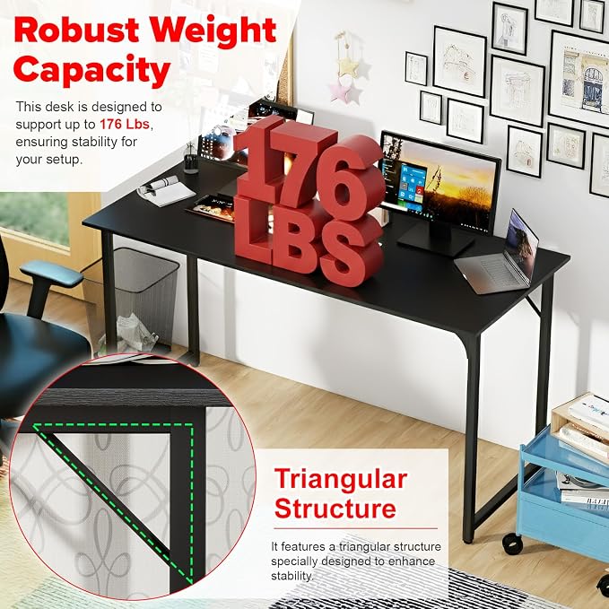 PayLessHere | 55 Inch Computer Desk | Black | Office Desk with Metal Frame, Adjustable Feet | Water-Resistant, Scratchproof Surface | Sturdy Writing Table for Home Office or Study | Pack of 1 - Image 6