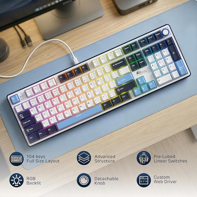 RK ROYAL KLUDGE X104 Wired Full Size Mechanical Gaming Keyboard, Metal Knob | Creamy Keyboard with Number Pad,104 Keys RGB Computer Keyboard Hot Swappable Linear Switch, Online Software for Wins/Mac - Image 2