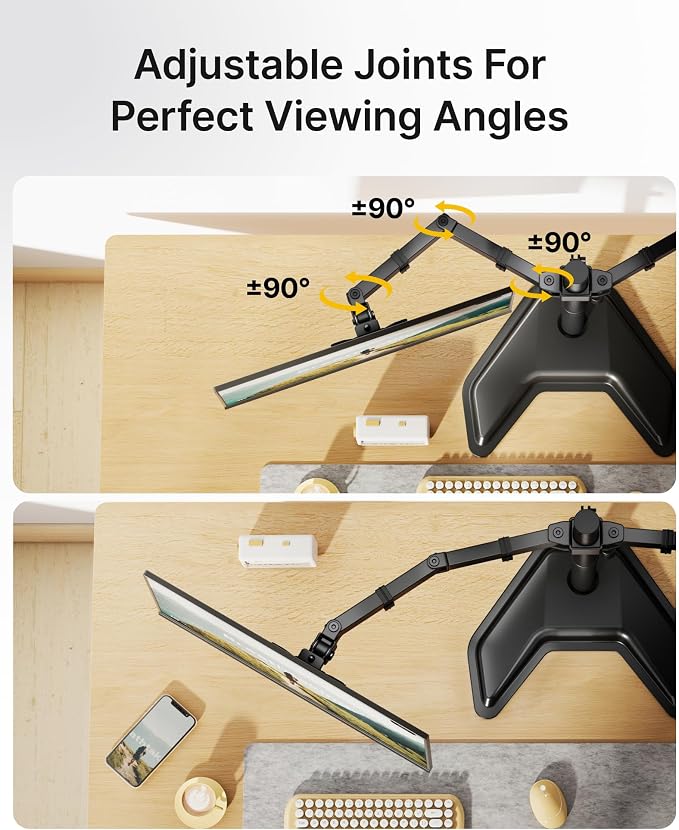 monTEK Freestanding Dual Monitor Stand for 17-32" Screens, 22 lbs Each | Solid V-shaped base, dual-screen full-motion arms, height adjustment, tilt, swivel, rotation and VESA 75/100 - Image 5