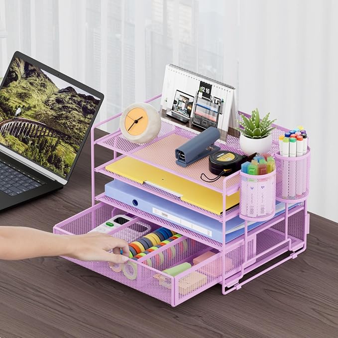 Marbrasse Desk Organizer, 4-Tier Paper File Letter Tray, Purple-2P | Sturdy Paper Tray, File Holder, Built-in Drawer, 2 Pen Slots, fits Letters/Files, for School Home Office Supplies - Image 3