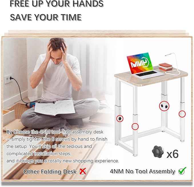 4NM No Tool Assembly 23.6" Small Desk, Folding Portable Desk with Wheels, Adjustable Height Foldable Computer Home Office Desks, Collapsible Study Writing Table for Space Saving Bedroom - Cloud Oak - Image 5