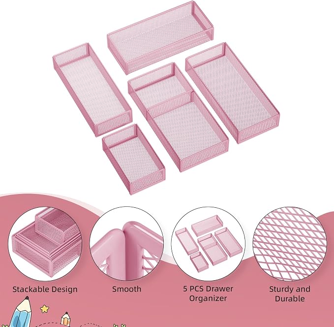 Marbrasse 5 Pack Desk Drawer Organizer Set, Mesh Drawer Storage Trays with 1 Adjustable Divider, Desk Organizers and Accessories, 5 PCS Drawer for Office Supplies, Makeup & Vanity (Pink) - Image 5