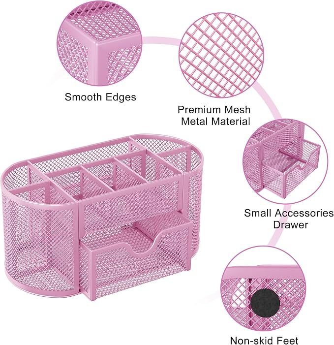 EasyPAG Mesh Pen Holder Desk Organizer with Drawer Stationery Supplies Organizer for Dorm School 9 Compartments Workspace Desk Accessories Organization for Office, Light Pink - Image 3