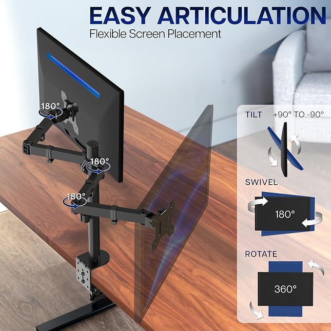 VIVO Dual Monitor Desk Mount, Heavy Duty Fully Adjustable Stand, Fits 2 LCD LED Screens up to 32 inches and 22 lbs Each, Black, STAND-V032 - Image 3