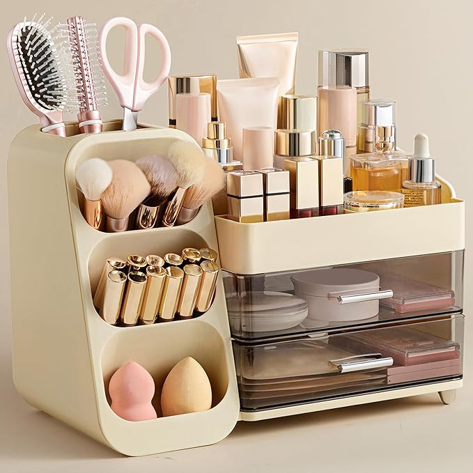HBlife Makeup Organizer with Brush Holder for Vanity, Large Plastic Bathroom Countertop Organizer Skin Care Storage, Easy to Store Lipsticks, Nail Polishes, Perfumes, Eyeshadow Palettes, Beige by HBlife