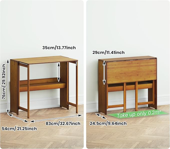 Wood Foldable Desk,Space Saving Foldable Table Bamboo Folding Desk Study Table with Bookshelf for Office Home Study Bedroom - Image 2