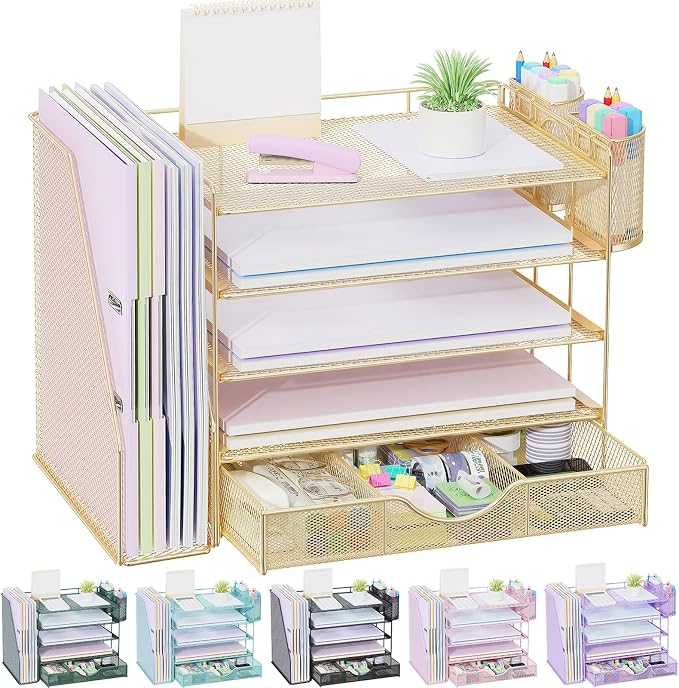 gianotter 5-Tier Desk Organizer with Drawers and File Holders | Letter Trays and Pen Holders - Workspace Accessories for Office Supplies (Gold) by gianotter