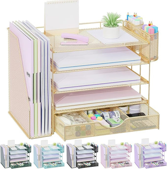 gianotter 5-Tier Desk Organizer with Drawers and File Holders | Letter Trays and Pen Holders - Workspace Accessories for Office Supplies (Gold) by gianotter