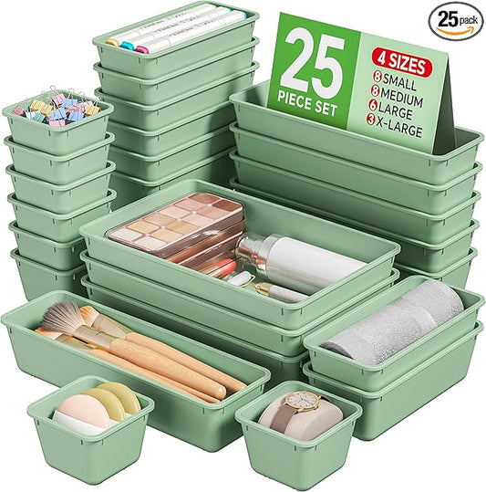KEMETHY 25 PCS Plastic Drawer Organizers Set, 4 Sizes Vanity Organizer, Makeup and Desk Drawer Organizer Trays, Organization and Storage for Makeup, Bathroom, Kitchen Utensils and Office (Green) by KEMETHYFocusesonCreatingEfficientStorageProductswithQualityMaterials