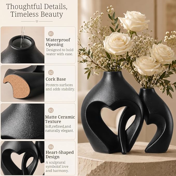 Black Ceramic Flower Vases Home Decor Heart Shaped Vase Set of 2 | Nordic Heart Shaped Vases Minimalist Decorative Vase for Table Centerpiece Wedding Dining Living Room Office House Decoration - Image 7