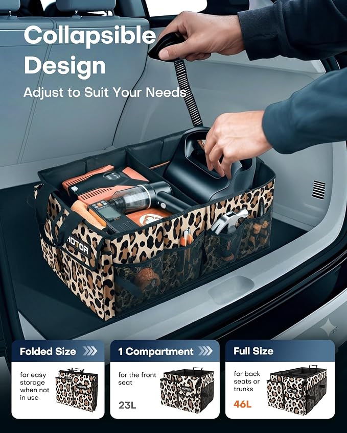 HOTOR Trunk Organizer - Car Organizer, Foldable Trunk organizer for SUVs & Sedans, Sturdy Car Organization for Car Accessories, Tools, Sundries, Leopard, 2 Compartments, 21.3"×12.6"×10.6" - Image 5