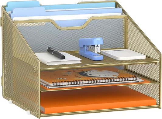 GAWERK Letter Tray Organizer, Mesh Desk File Organizer with 3 Paper Trays and 2 Vertical Upright Section (Gold) by Gawerk