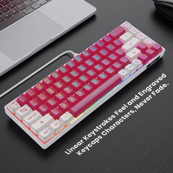 GEODMAER 65% Gaming Keyboard, LED Backlit Mini Wired Keyboard, Ultra-Compact Anti-Ghosting No-Conflict 68 Keys Membrane Gaming Wired Keyboard for PC Laptop Windows Gamer(Pink-White) - Image 2