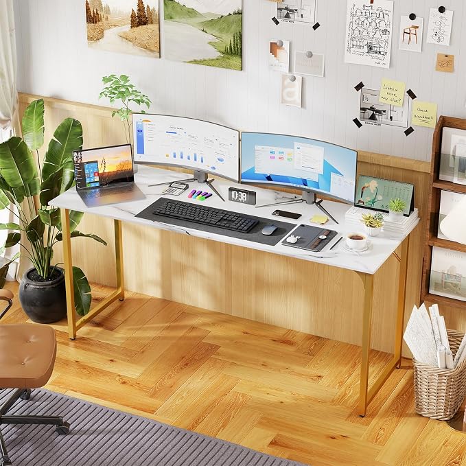 PayLessHere | 63 Inch Computer Desk | White Gold | Office Desk with Metal Frame, Adjustable Feet | Water-Resistant, Scratchproof Surface | Sturdy Writing Table for Home Office or Study | Pack of 1 - Image 2