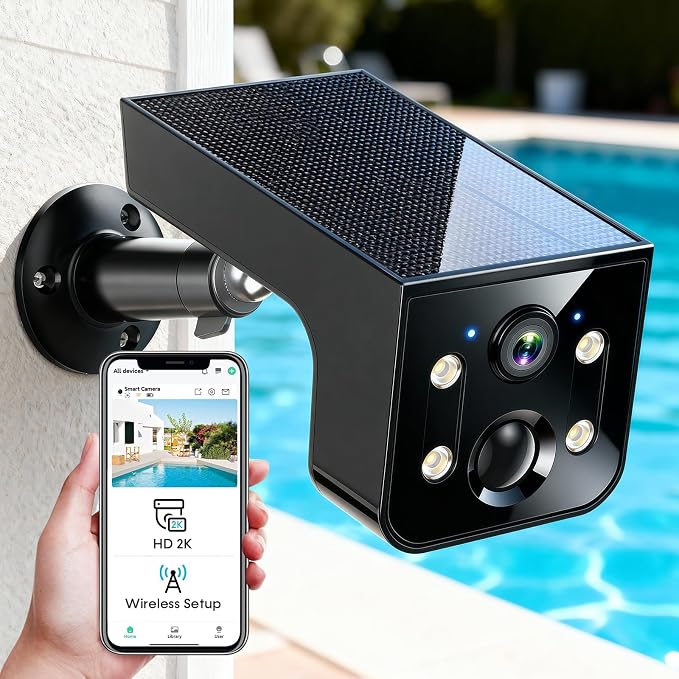 Wireless Security Camera Solar Outdoor: 2K HD Solar Powered WiFi Camera with AI Motion Detection & Color Night Vision - IP67 Weatherproof for Home Backyard Driveway Garage - for Homeowners & Renters by Unknown