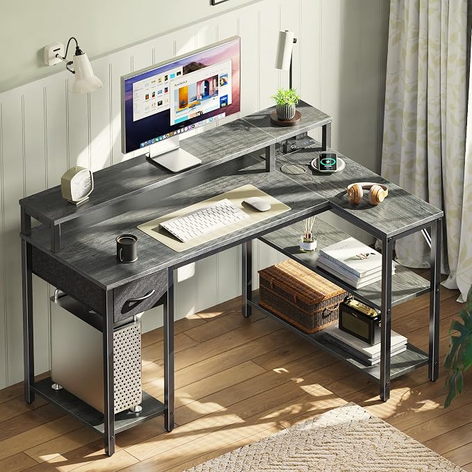 SUPERJARE 47 inch Reversible L Shaped Desk with LED Lights & Power Outlets, Computer Desk with Shelves & Monitor Stand, Gaming Desk with Drawer, Home Office Desk Corner Desk, Grey - Image 9