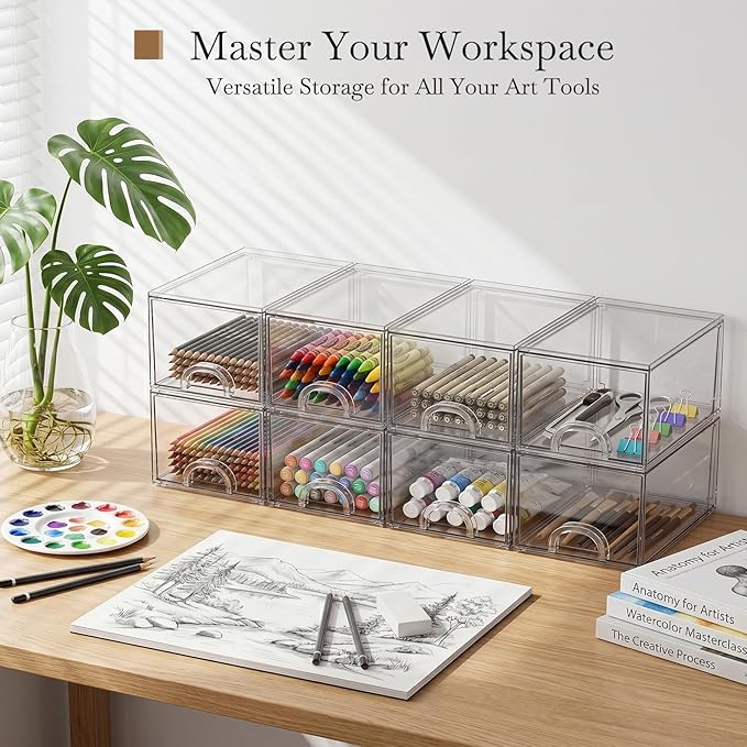 8 Pack Small Clear Stackable Acrylic Storage Boxes for Art Tool & Sketch, Storage Drawers, Storage Organizer, Clear Plastic Makeup Organizer, Ideal for Vanity, Cabinet, Desk Organization - Image 3