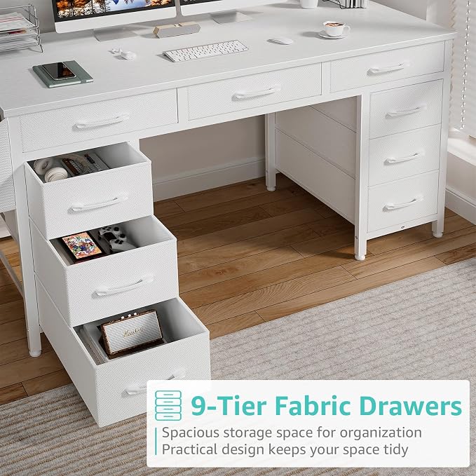 Lufeiya 47 Inch Computer Desk with 9 Drawers, Office Desk Work Desk for Home Office, Study, Writing, Vanity Desk with Fabric Drawers on Both Sides, Large Storage, White - Image 7