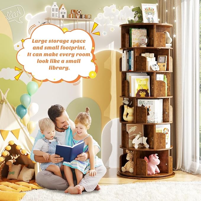 Aheaplus Rotating Bookshelf, 360 Display Wood Spinning Bookshelf Tower, 5 Tier Floor Standing Bookcase Storage Rack, Revolving Bookcase Corner Bookshelfs for Small Space, Study, Bed Room, Rustic Brown - Image 5