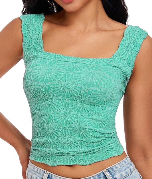 Women's Square Neck Wide Strap Crop Tank Tops Flower Going Out Tops Slim Fit Lettuce Trim Crop Cami Tops by NiceYourLife