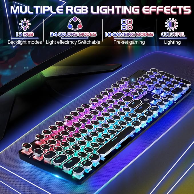 YSCP Typewriter Style Mechanical Gaming Keyboard RGB Backlit Wired with Blue Switch Retro Round Keycap 104 Keys Keyboard (R-Black) - Image 3