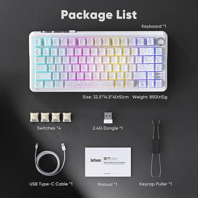 RedThunder K75 Wireless Mechanical Keyboard, CNC Knob, Tri-Mode BT5.0/2.4GHz/USB-C Hot Swappable Custom, Pre-lubed Linear Coconut Switches, Gasket Structure, RGB Gaming Keyboard, White Contour Lines - Image 8