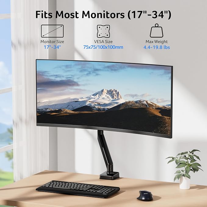 Acer Single Monitor Mount, Fully Adjustable Monitor Arm Fits 17 to 34 Inch Screens, Gas Spring VESA Mount with C-Clamp & Grommet Base, Computer Desk Arm with Tilt Swivel Rotate Supports 4.4-19.8 lbs - Image 2