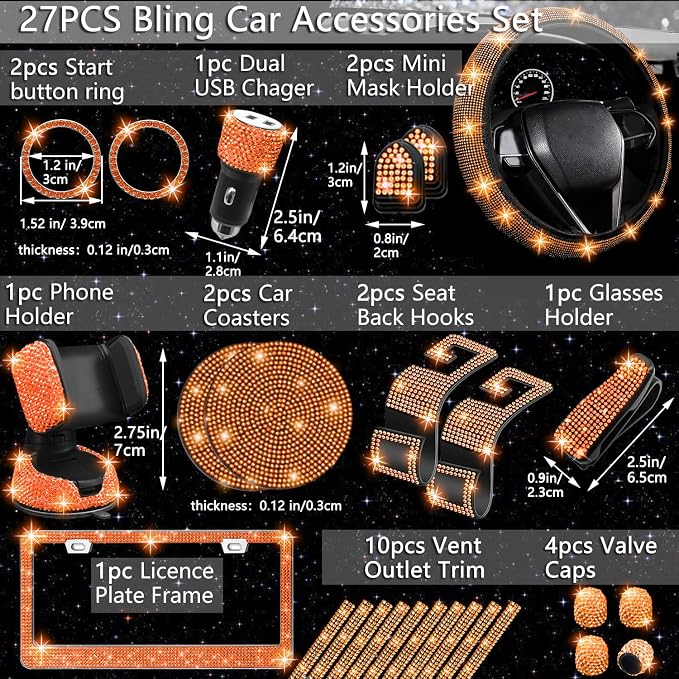 NBTEPEM 27 PCs Orange Bling Car Accessories Set for Women, Steering Wheel Covers Universal Fit 15 Inch, Bling License Plate Frame, Bling Phone Holder, Bling Car Coasters (Orange Diamond) - Image 2
