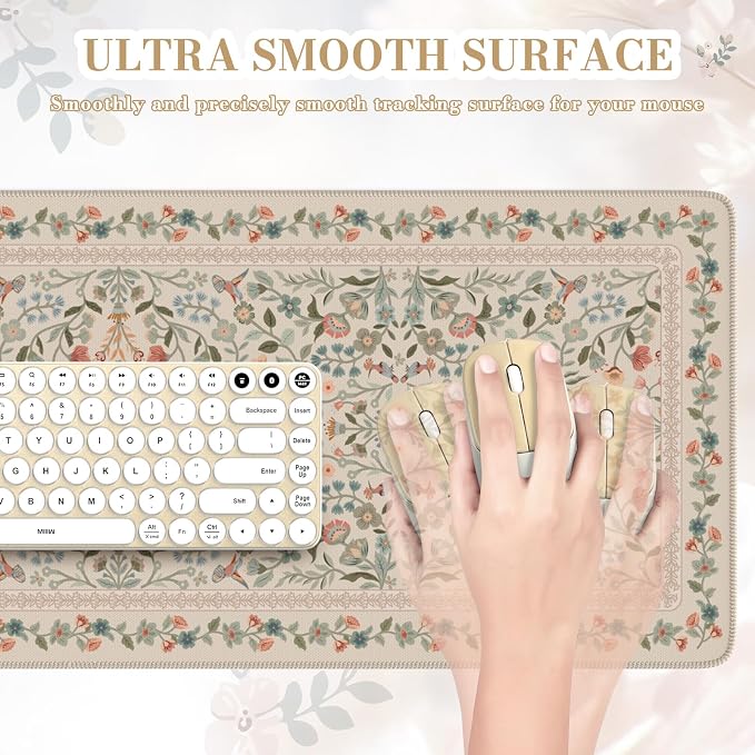 iCasso Aesthetic Desk Mat,31.5x11.8in Mouse Pads,Beige Floral | Anti-Slip Mousepad with Stitched Edges, Waterproof Computer Pad, Desk Accessories Office Decor for Women - Image 3