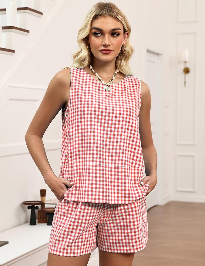 LOMON Women's Trendy 2 Piece Outfits Shorts Sets Summer Crew Neck Sleeveless Tank Top and Bottom Matching with Pockets 2026 - Image 4
