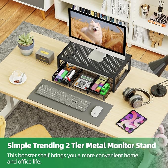 Simple Trending Metal Monitor Stand Riser and Computer Desk Organizer with Drawer for Laptop, Computer, iMac, Black | 16"W x 10"D x 6.25"H. Sturdy Metal Frame. 2-tier + drawer. Holds 66 lbs. Anti-slip. Fits laptop, monitor, iMac. Easy assembly - Image 2