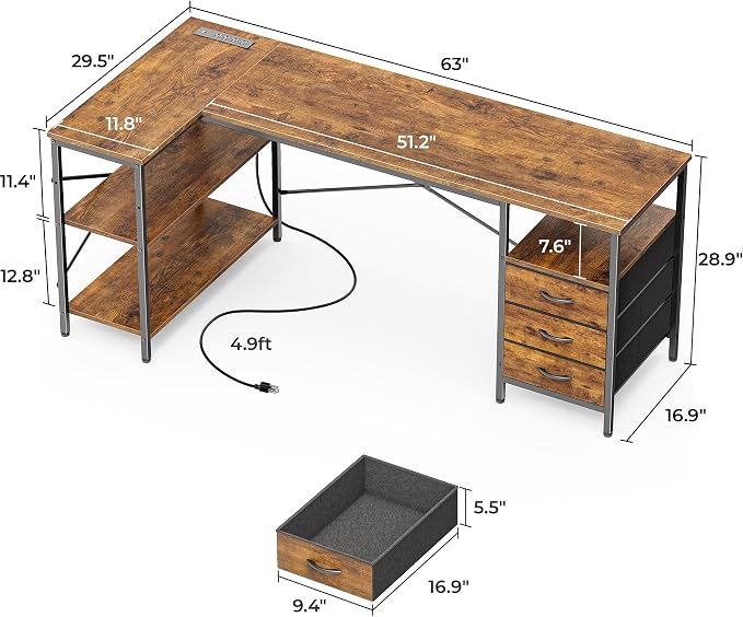 Huuger L Shaped Desk with Power Outlets, 63 Inch Reversible Computer Desk with 3 Drawers and Shelves, Home Office Table for Corner Work Study Writing Gaming, Rustic Brown - Image 3