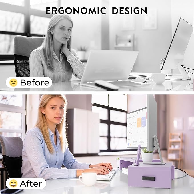 BONTEC Dual Monitor Stand Riser with Smartphone Holder, Adjustable Length & Swivel Angle, Ergonomic Wooden Desktop Organizer for PC Monitor, Laptop, Printer, Large Storage, 42.5 in, Purple - Image 5