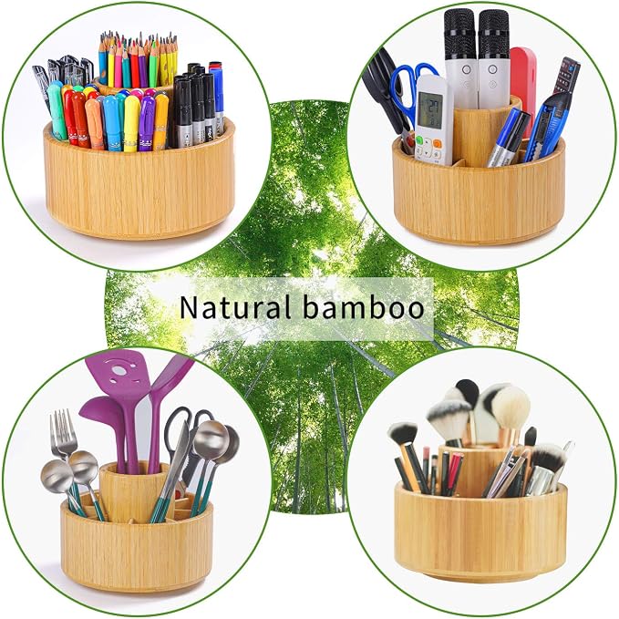 Utoplike Bamboo Rotating Art Supply Desk Organizer, Pencil Holder Desktop | Desktop Storage Caddy for Pen, Colored Pencil, Crayon, Paint Brushes, Art Studio & Office - Image 4
