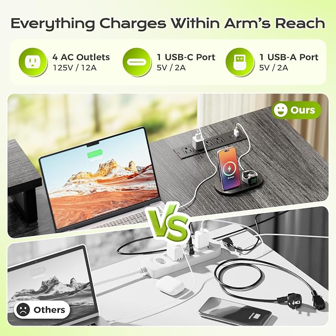 PRAISUN 53" L Shaped Computer Desk, Power Outlets, Monitor Stand, Grey | USB-C Ports, Reversible Charging Station, Spacious Desktop & Legroom, 0.94 Inch Thick Desktop, for Gaming, Study & Work - Image 5