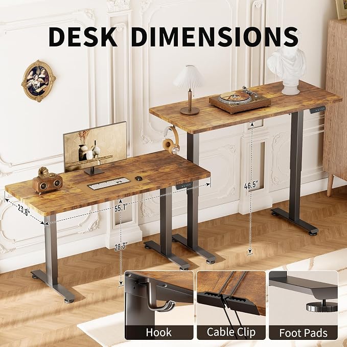 Veken Standing Desk, Brown,55×23.6 Inch | Height Adjustable Sit Stand Up Computer Tables for Home Office, Study , Writing, Suit students, employees and group work - Image 3