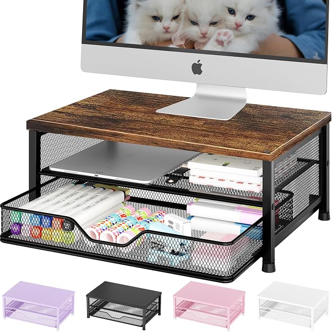 OPNICE Computer Monitor Stand Riser, Desk Organizer with Drawer, Printer & Laptop Stand, Office Desk Accessories & Workspace Desktop Organizers Storage for Office Supplies(Brown) by OPNICE