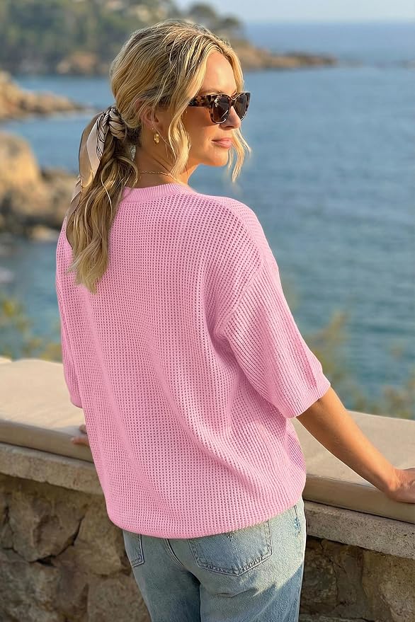 Arach&Cloz Womens Summer 100% Cotton Oversized Crochet Tops 3/4 Length Sleeve Sweater Hollow Out Casual Blouses 2026 - Image 3