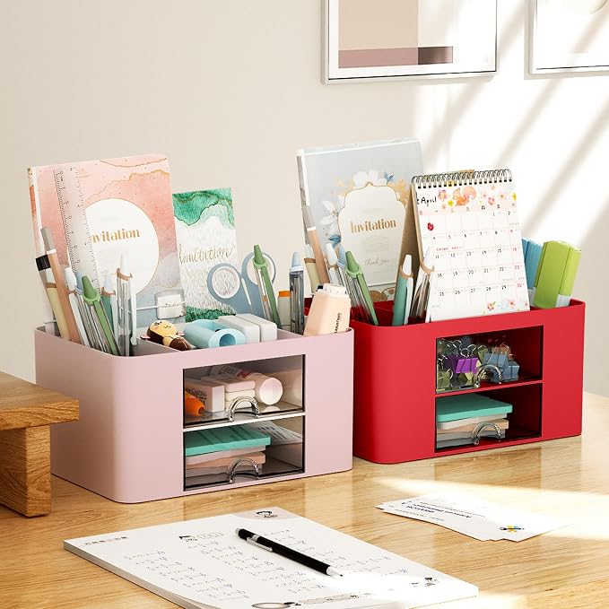 Marbrasse Pen Organizer with 2 Drawer, Multi-Functional Pencil Holder for Desk, Desk Organizers and Accessories with 5 Compartments + Drawer for Office Art Supplies (Red) - Image 5