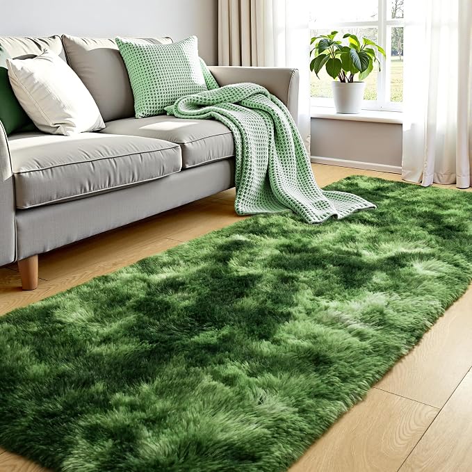 Tepook Soft Runner Rugs for Bedroom 2x6 with Rubber Backing, Tie-Dyed Dark Green Fluffy Rugs for Hallway, Shag Bedside Rug Fuzzy Plush Carpet for Living Room Dorm Nursery Indoor Home Decor - Image 3